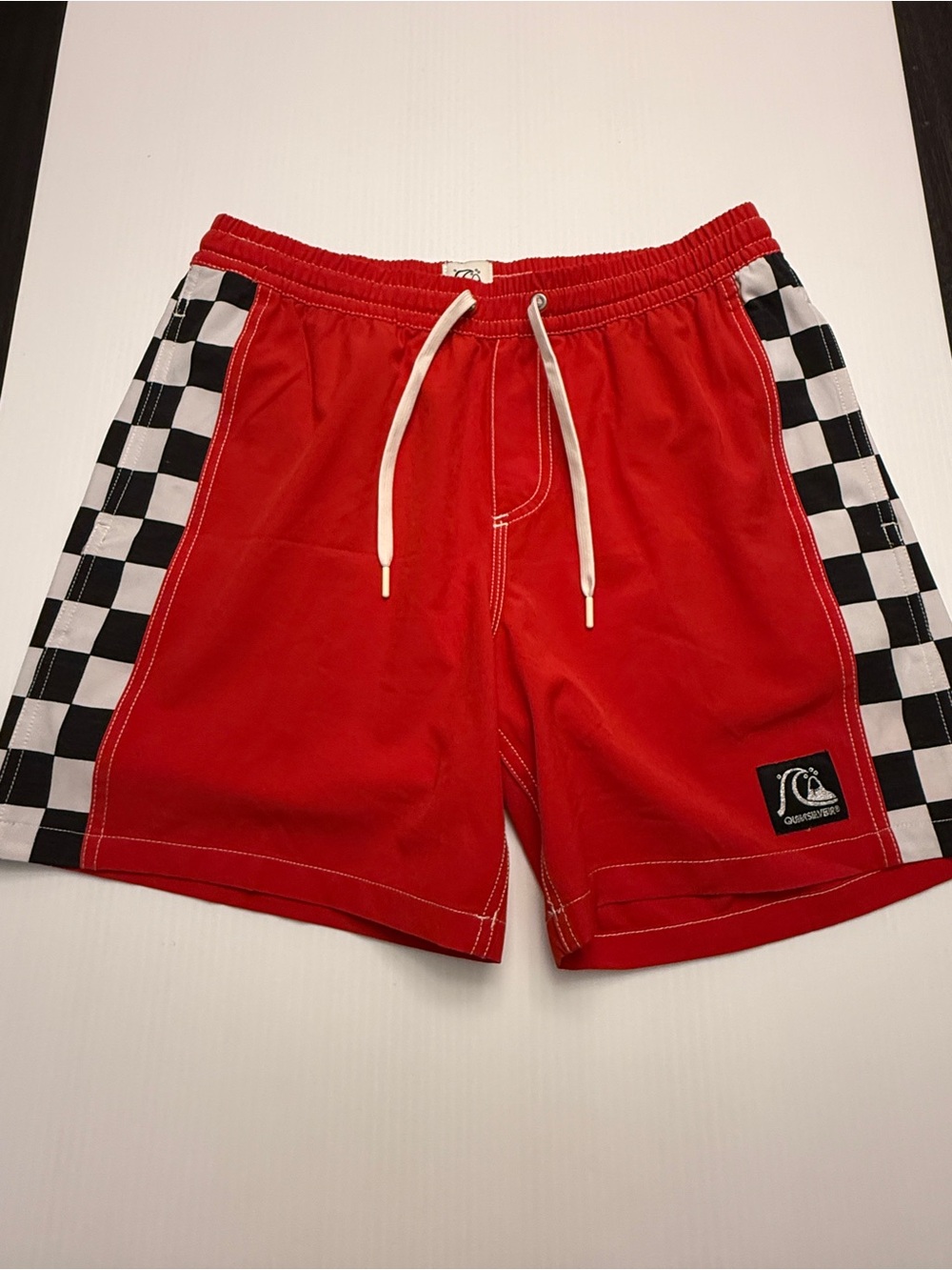 Quiksilver Women’s Red Surf Trunks with Black-and-White Checks Small